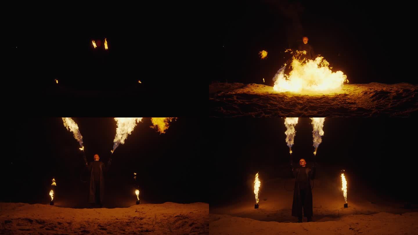 火之王，壮观的夜间户外火焰表演，特技演员用火把照亮黑暗