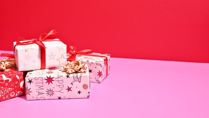 节日和谐:粉色和红色节日画布上的愉快礼物安排
