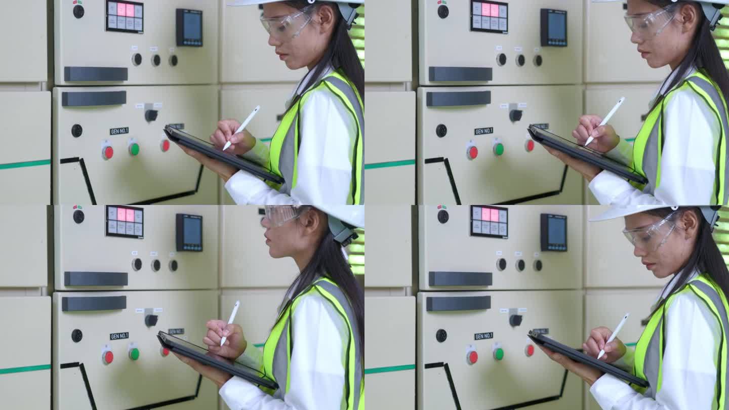 操作员电气工程师在开关室的平板电脑上记录配电板的电压、电流和功率