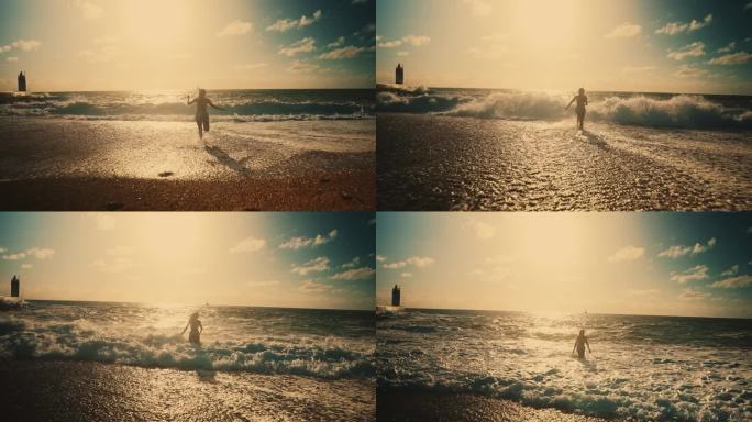 无忧无虑的年轻女子从海滩奔向阳光明媚的海浪