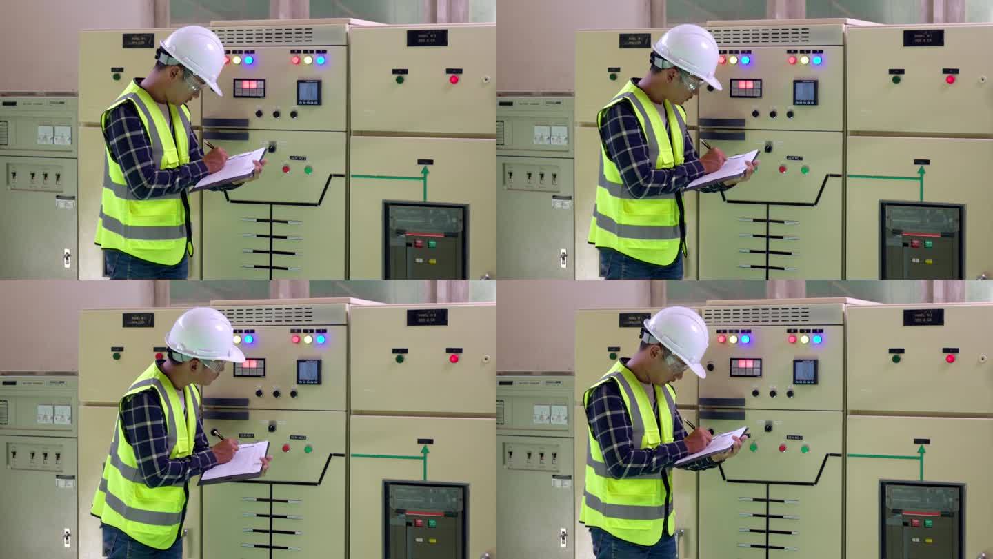 操作员电气工程师在开关室用笔记本记录配电板的电压、电流和功率