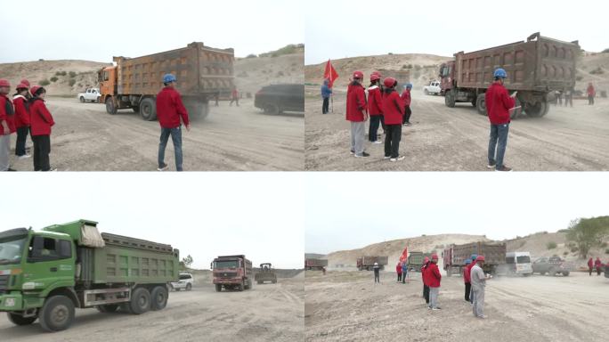 拉满砂石的货车车队排成队前行工地大坝