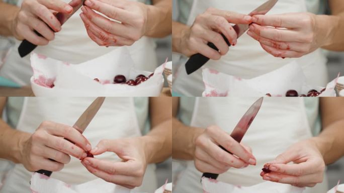 那个穿白围裙的女人正在切樱桃，去核，她的手都红了，好像沾满了血。