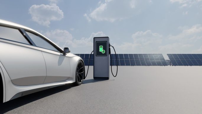 以太阳能板为背景的电动汽车充电。环保电动汽车充电器插入普通汽车。现实的高质量的3d渲染替代能源概念