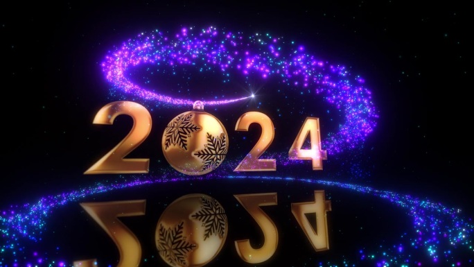 金文2024圣诞球与美丽的发光紫色闪闪发光的神奇粒子动画新年电影标题抽象背景。新年快乐开场动画背景。