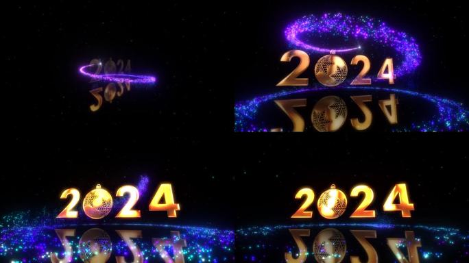 金文2024圣诞球与美丽的发光紫色闪闪发光的神奇粒子动画新年电影标题抽象背景。新年快乐开场动画背景。