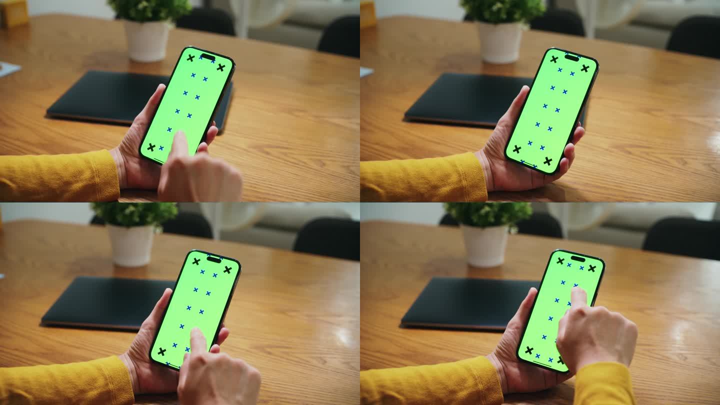 女人手用手机绿屏绿幕抠绿可抠像上网聊天