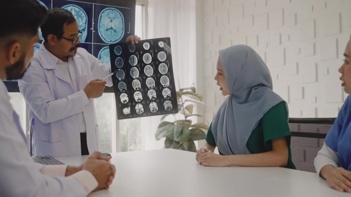 一群穆斯林医生讨论核磁共振脑部扫描。