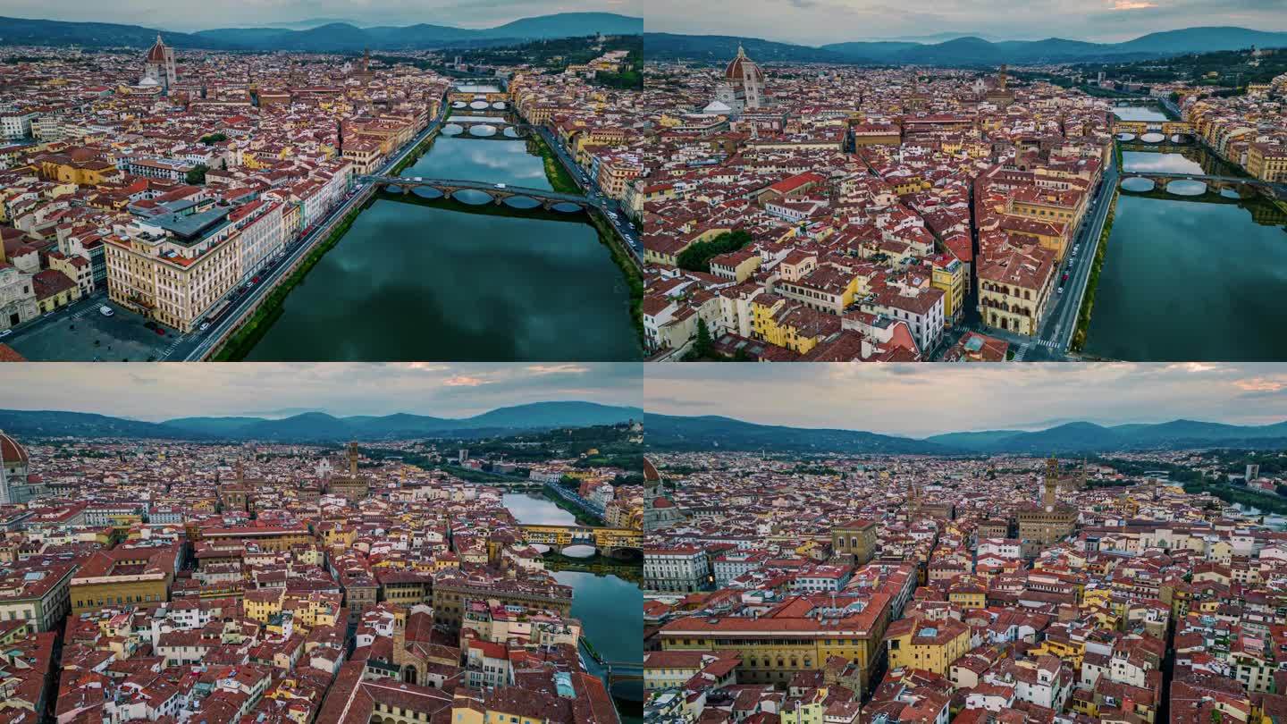 鸟瞰图在阿诺河上经过卡拉亚桥，圣特里尼塔桥，维奇奥桥和佛罗伦萨城前往佛罗伦萨大教堂或圣玛丽亚德尔菲奥