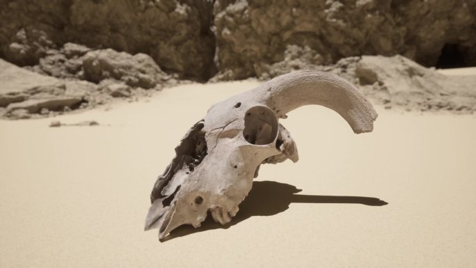 沙滩上的动物头骨，背景是岩石