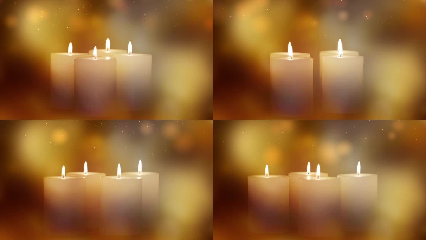 四个缓慢旋转的蜡烛灯孤立在模糊的金色背景与闪闪发光的星星动画，抽象的节日圣诞装饰背景与复制空间