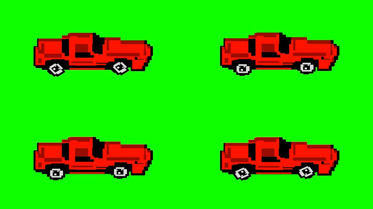 红色汽车的动画视频，16位风格，绿色背景，像素艺术。