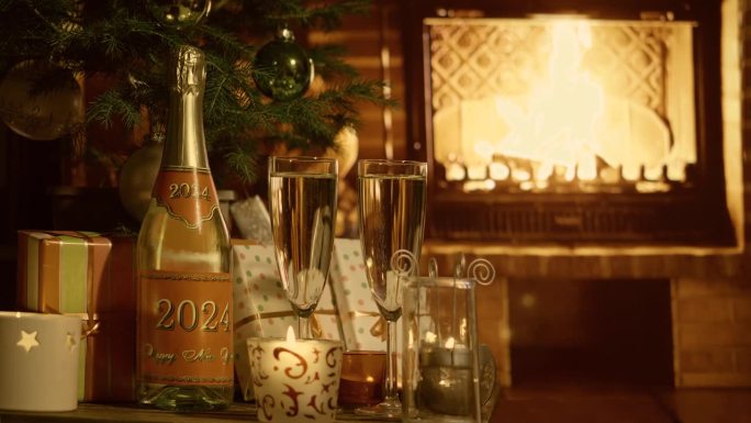 燃烧的壁炉。新年贺词的设计背景。2024年。圣诞节。