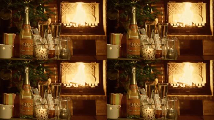燃烧的壁炉。新年贺词的设计背景。2024年。圣诞节。