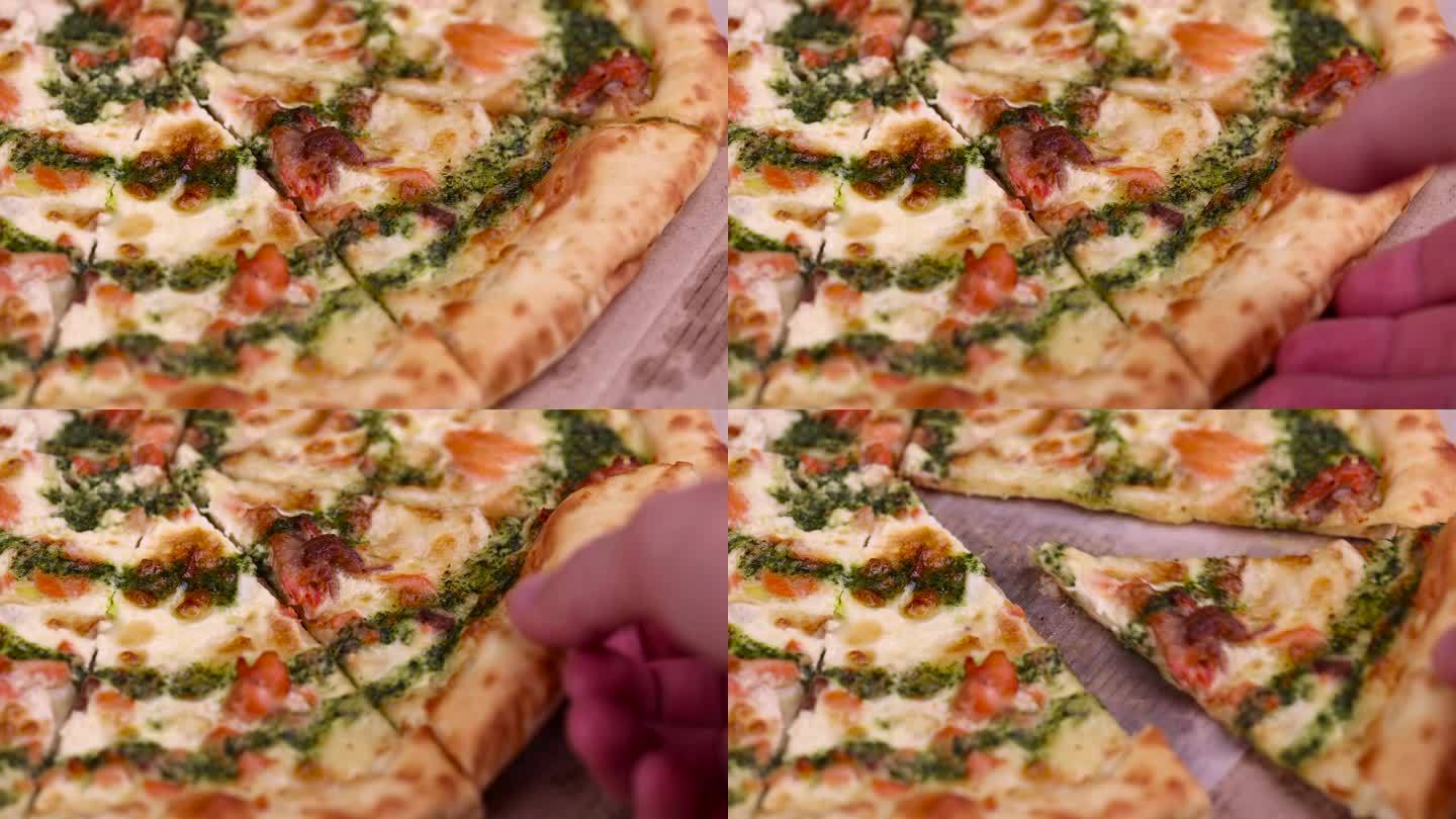 红鳟鱼配绿酱披萨，美味的披萨
