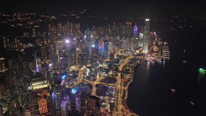 香港维多利亚港湾建筑物夜晚航拍