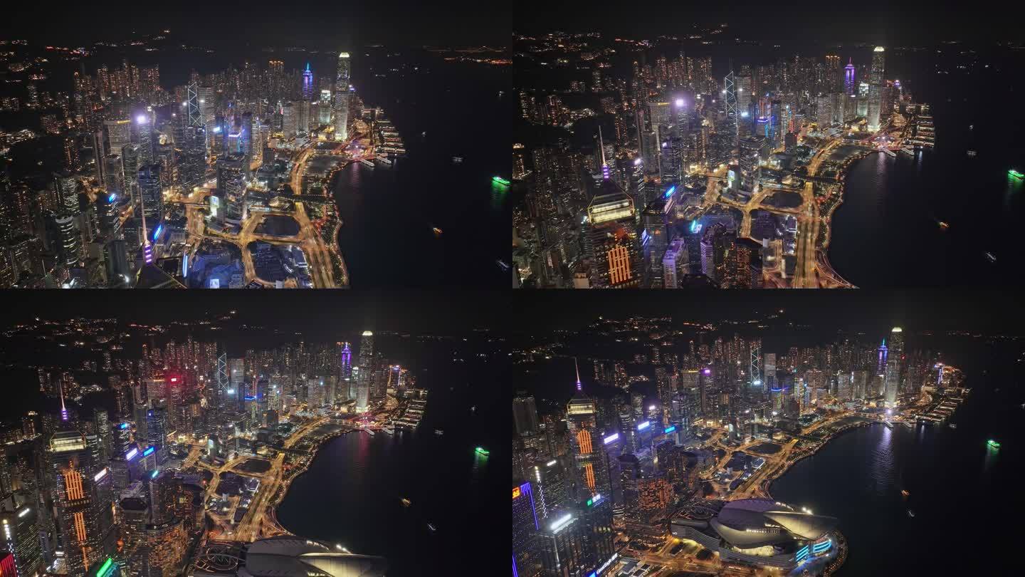 香港维多利亚港湾建筑物夜晚航拍