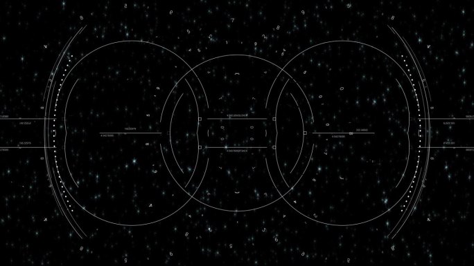太空船Hud显示扫描发光闪烁的星星。动态图形的网络和科幻技术概念