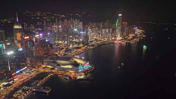 香港维多利亚港湾建筑物夜晚航拍