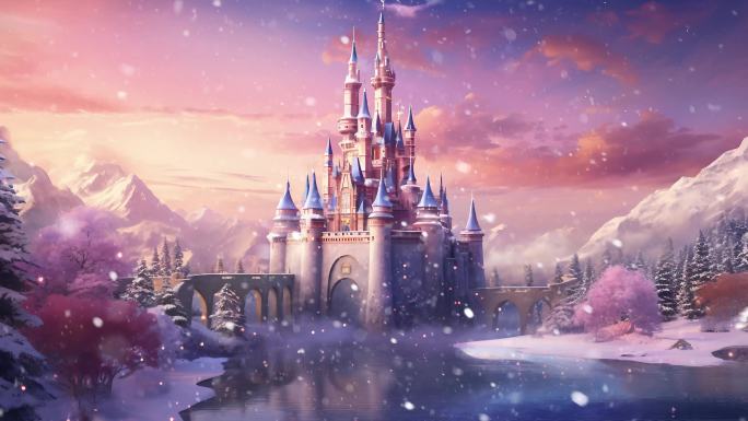 粉色童话城堡冬日飘雪背景