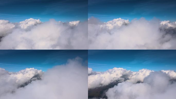 从高空的飞机窗口鸟瞰，暴雨前形成的蓬松的积云覆盖着地球