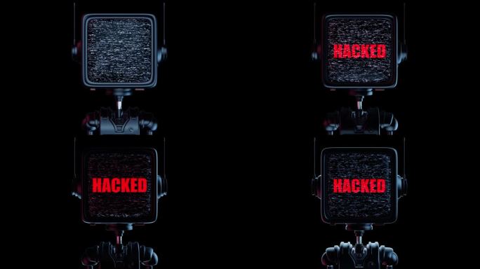 机器人字符与铭文在显示器屏幕上被黑客攻击。逼真的3d动画。未来主义创意时尚概念艺术。技术动作组成。