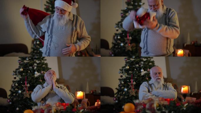 一位戴着圣诞帽的大胡子老人提着一袋礼物，在桌旁坐下，急忙摘下帽子，松了一口气。