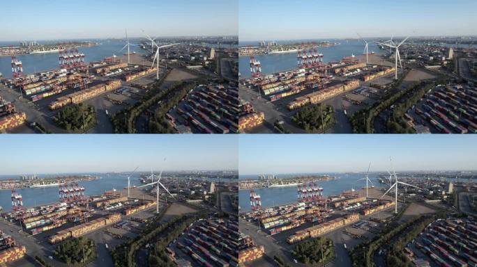 繁忙的工业港口集装箱船的无人机视角