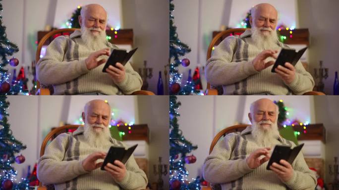 圣诞节，一位老人坐在摇椅上，正在用手机打出一段有趣的问候。
