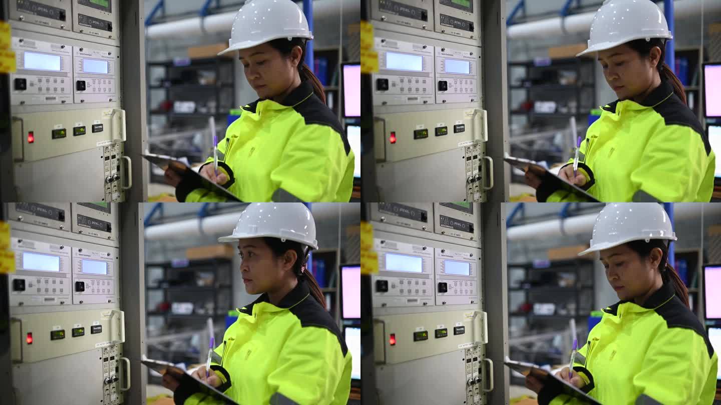 女电气工程师在控制室的配电柜前检查电压