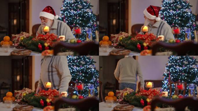 坐在圣诞树旁的节日餐桌旁，一位戴着圣诞帽的大胡子老人检查了一下礼品盒，没有发现里面有礼物，便起身去找