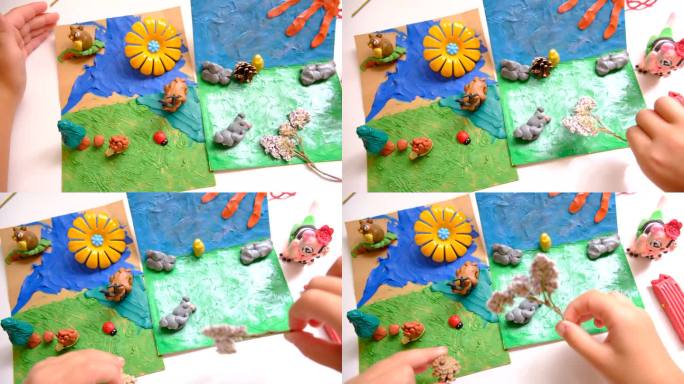 孩子在硬纸板上涂上彩色橡皮泥，用自然的细节、干花、圆锥体、树叶制作卡通动物的童话卡片
