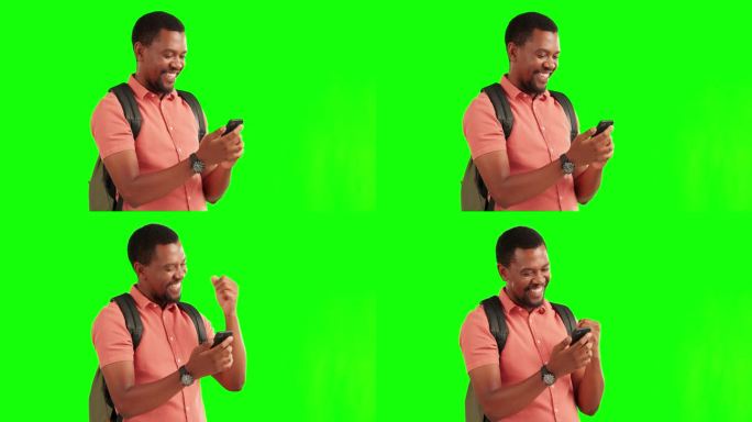 手机，哇塞和绿屏，一个获奖的黑人在演播室为一个好消息欢呼。移动，动力和成功与一个快乐的年轻男性庆祝在