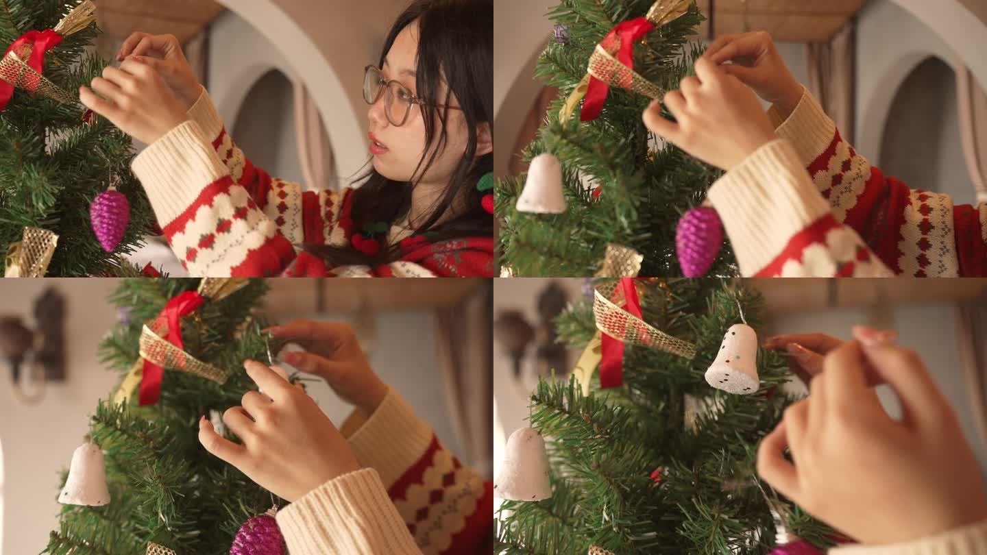 圣诞节漂亮女孩准备圣诞礼物装饰圣诞树