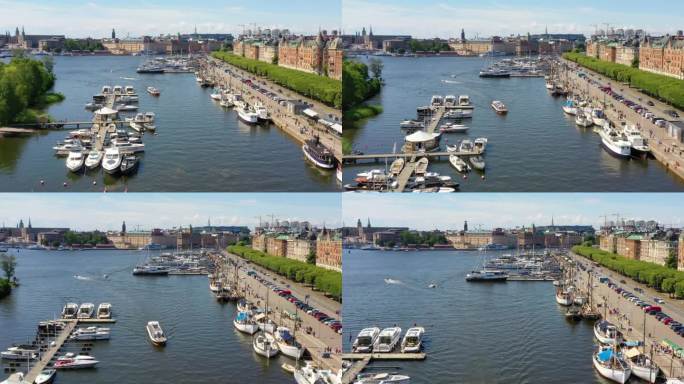 航拍无人机画面展示了斯德哥尔摩市中心标志性的Strandvägen街道和尼布洛维肯港区。