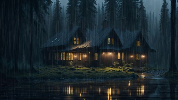 4K丛林孤独房子下雨概念背景视频