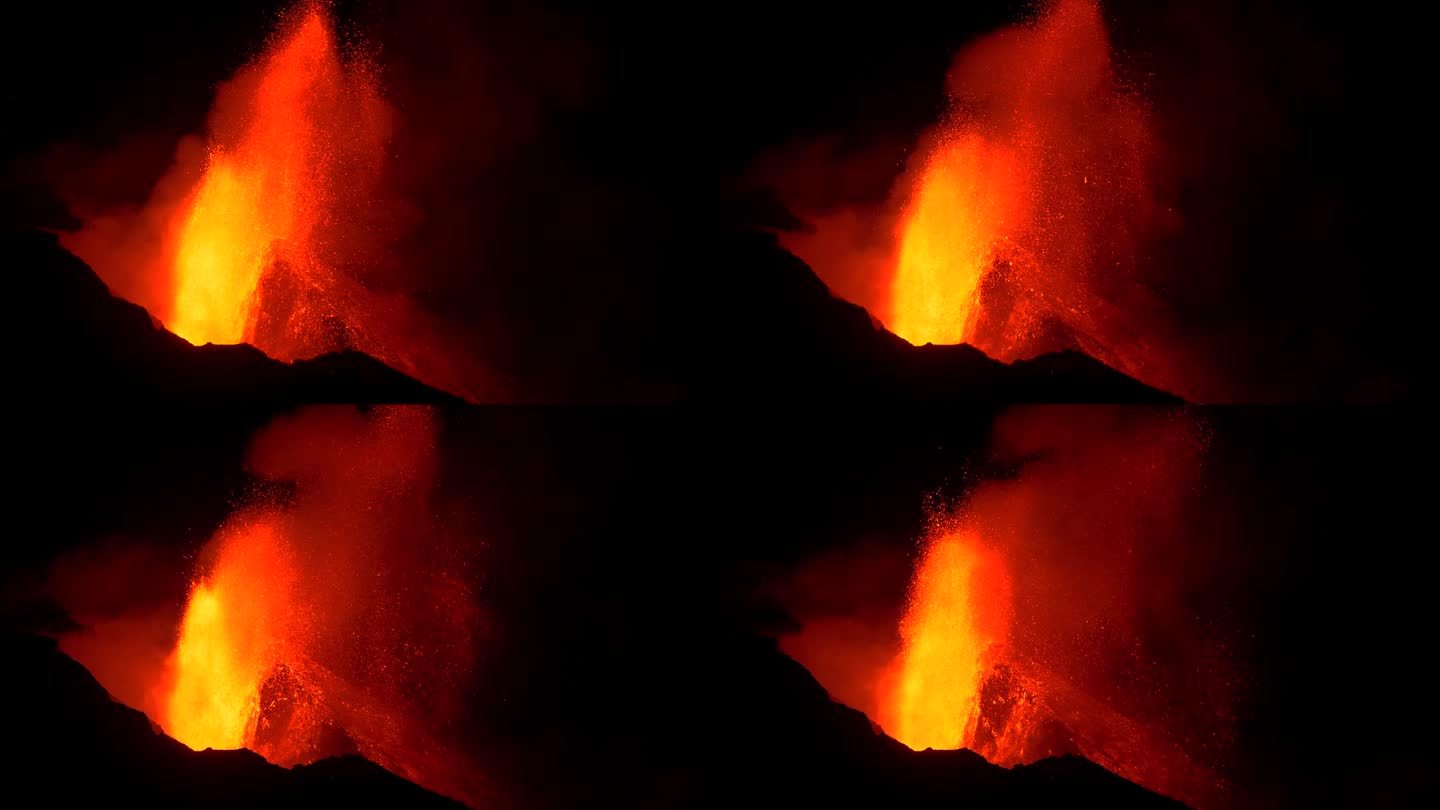 岩浆喷发坑与熔岩喷流和火山碎屑在夜间，拉帕尔马，慢动作