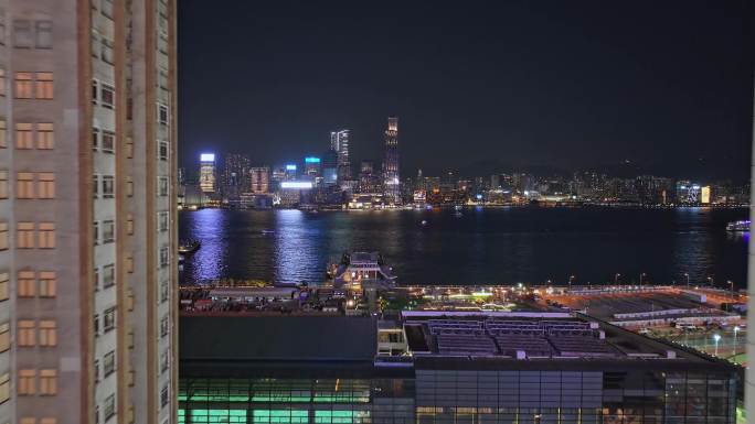 香港维多利亚港湾建筑物夜晚航拍