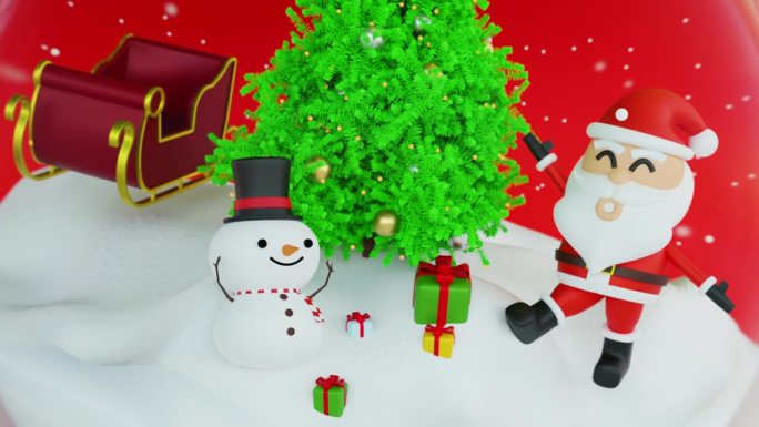 快乐的圣诞老人雪橇附近的雪人和圣诞树和礼盒，雪，在装饰玻璃球，圣诞快乐，3D渲染。