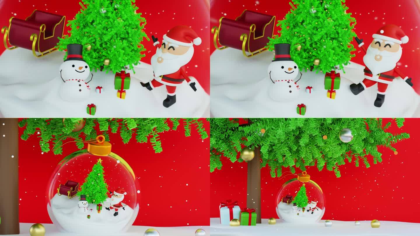 快乐的圣诞老人雪橇附近的雪人和圣诞树和礼盒，雪，在装饰玻璃球，圣诞快乐，3D渲染。