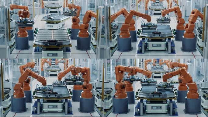 光明工厂内的一排机械臂为汽车工业组装电池。配备橙色先进机械臂的电动汽车电池组自动化生产线。现代电动汽