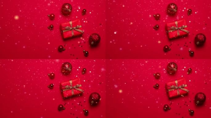 圣诞快乐，节日快乐，红色贺卡，相框，横幅。新年。诺埃尔。银色圣诞礼物，背景上的装饰物顶视图。寒假圣诞