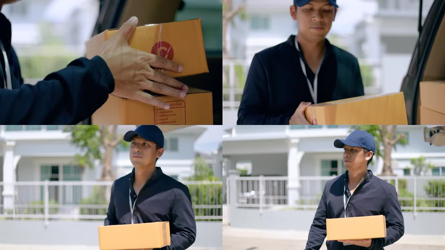 快递员从一辆货车上拿出盒子包裹，然后去房子里把包裹送到房主那里