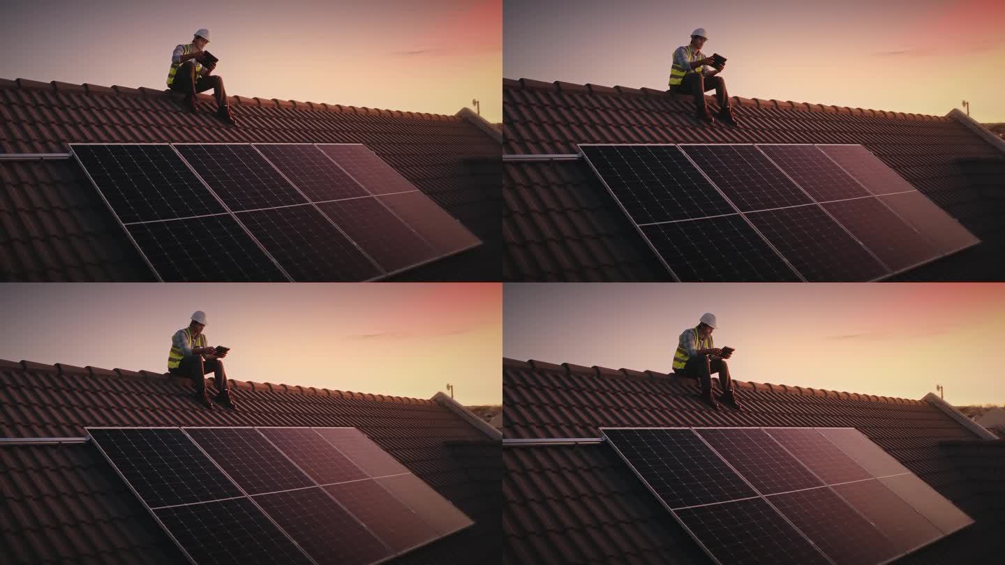 房屋、屋顶和安装太阳能板用平板电脑，技术和人在夕阳下从事清洁能源工作。可持续，电力和电工或建筑工人检