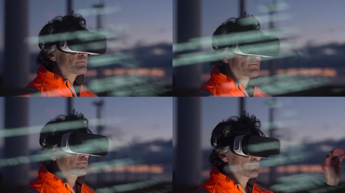 AR和VR在风电场中的应用。工程师工作与VR眼镜和HUD全息。夜班。