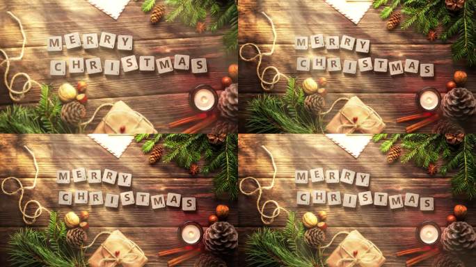 圣诞快乐，用落在木桌上的拼字砖写的。