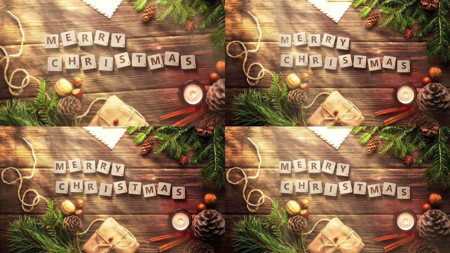 圣诞快乐，用落在木桌上的拼字砖写的。