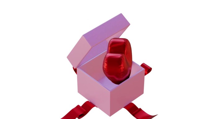 打开一个粉红色礼盒的动画，礼盒里有一条红丝带，里面有一颗红心。2月14日情人节礼品折扣及店铺概念。