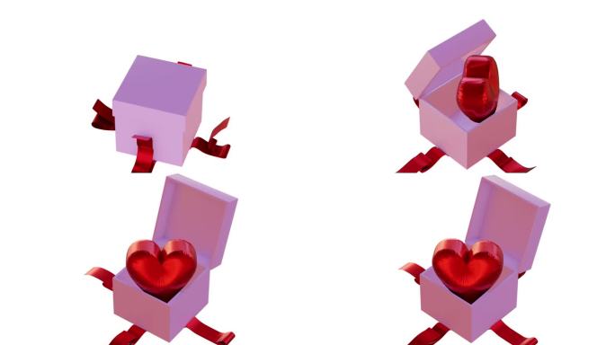 打开一个粉红色礼盒的动画，礼盒里有一条红丝带，里面有一颗红心。2月14日情人节礼品折扣及店铺概念。