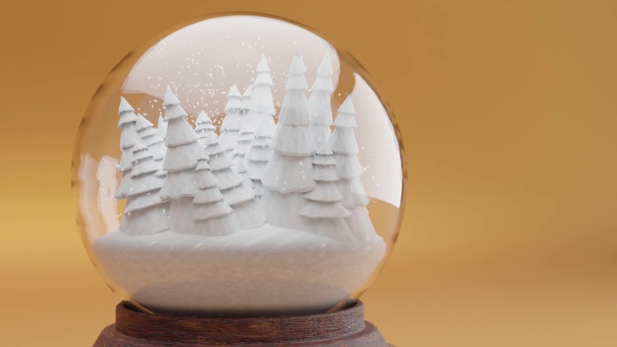 在黄色背景的雪花玻璃球内的魔法冬季森林